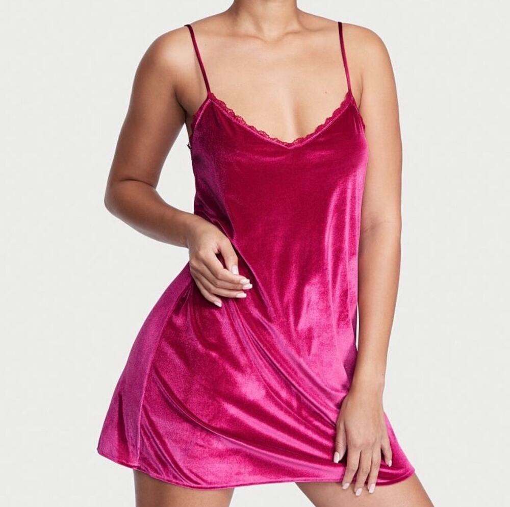 Victoria's Secret Hot Pink Crushed Velvet Lace Slip Dress Size XS